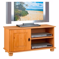Meuble TV BELFORT banc télé de 94 cm en bois avec 1 porte et 2 niches en pin massif finition cirée