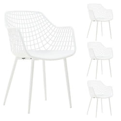 Lot de 4 chaises LUCIA pour salle à manger ou cuisine au design retro en plastique blanc et 4 pieds en métal laqué blanc