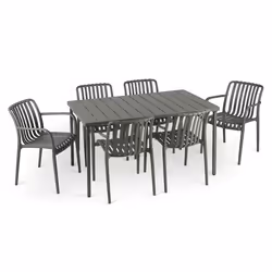 Ensemble table et chaises de jardin TULIPANO 6 personnes coloris gris chaises empilables résistantes aux UV