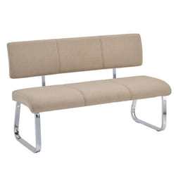 Banc design VILAS siège avec 3 places banquette au piètement chromé et dossier au revêtement en tissu beige