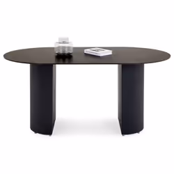 Table à manger LISANDRO L 160 cm pour 2 à 4 personnes Plateau en pierre gris foncé et pieds en métal style cannelé