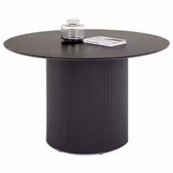 Table à manger ronde VIANNEY pour 4 à 6 personnes Noir Plateau effet bois et pied en métal style cannelé
