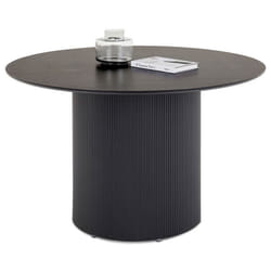 Table à manger ronde VIANNEY pour 4 à 6 personnes Noir Plateau effet bois et pied en métal style cannelé
