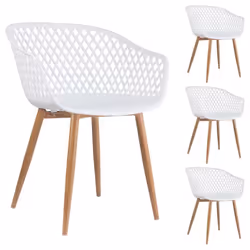 Lot de 4 chaises MADEIRA pour salle à manger ou cuisine au design retro avec accoudoirs coque plastique blanc et 4 pieds déco ...