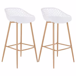 Lot de 2 tabourets de bar IREK chaise haute cuisine ou comptoir au design retro en plastique blanc et métal décor bois assise ...