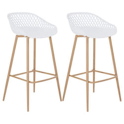 Lot de 2 tabourets de bar IREK chaise haute cuisine ou comptoir au design retro en plastique blanc et métal décor bois assise 75