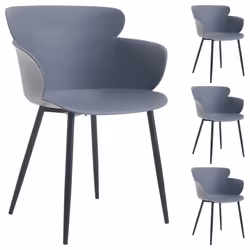 Lot de 4 chaises CATCH salle à manger ou cuisine design retro avec larges accoudoirs coque en plastique gris et 4 pieds métal
