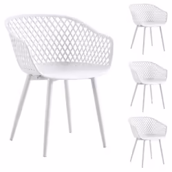 Lot de 4 chaises MADEIRA pour salle à manger ou cuisine design retro avec accoudoirs coque plastique blanc et 4 pieds métal b ...