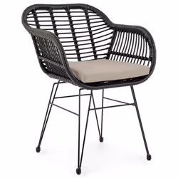 Chaise de salle à manger PARAMO imitation rotin noir et beige fauteuil dextérieur pour jardin résitant aux UV