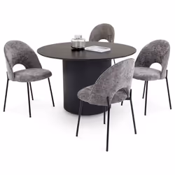 Ensemble Table à Manger VIANNEY 120 cm Noire avec 4 Chaises en Tissu Grises Table Ronde pour 4 Personnes style Cannelé avec