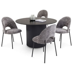 Ensemble Table à Manger VIANNEY 120 cm Noire avec 4 Chaises en Tissu Grises Table Ronde pour 4 Personnes style Cannelé avec