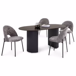 Ensemble Table à Manger LISANDRO 160 cm Noire avec 4 Chaises en Tissu Grises Table Ovale pour 4 Personnes style Cannelé