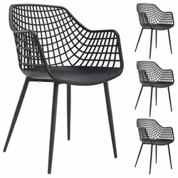 Lot de 4 chaises LUCIA pour salle à manger ou cuisine au design retro avec accoudoirs coque en plastique noir et 4 pieds méta ...