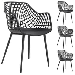 Lot de 4 chaises LUCIA pour salle à manger ou cuisine au design retro avec accoudoirs coque en plastique noir et 4 pieds métal