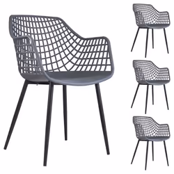 Lot de 4 chaises LUCIA pour salle à manger ou cuisine au design retro avec accoudoirs coque en plastique gris et 4 pieds en m ...
