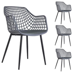 Lot de 4 chaises LUCIA pour salle à manger ou cuisine au design retro avec accoudoirs coque en plastique gris et 4 pieds en métal