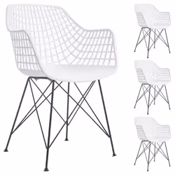 Lot de 4 chaises ALICANTE pour salle à manger ou cuisine design retro avec accoudoirs coque plastique blanc et 4 pieds croisé ...