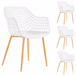 Lot de 4 chaises LUCIA pour salle à mange design retro avec accoudoirs coque en plastique blanc et pieds en métal décor chêne