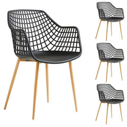Lot de 4 chaises LUCIA pour salle à mange design retro avec accoudoirs coque en plastique noir et pieds en métal décor chêne