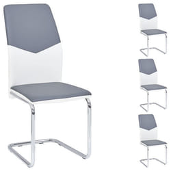 Lot de 4 chaises de salle à manger LEONA piètement chromé revêtement synthétique bicolore blanc et gris