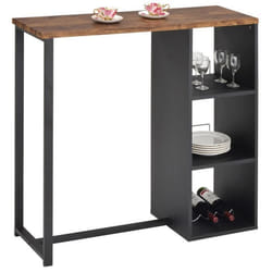 Table haute de bar PIAVA mange-debout comptoir avec 3 étagères dont 1 porte-bouteilles en métal noir et MDF décor chêne sauvage