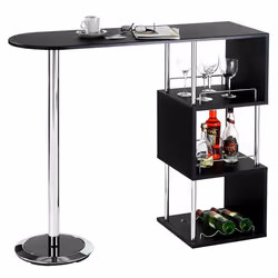 Table haute de bar VIGANDO mange-debout comptoir avec 3 étagères dont 1 porte-bouteilles en métal chromé et plateau en MDF no ...