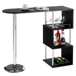 Table haute de bar VIGANDO mange-debout comptoir avec 3 étagères dont 1 porte-bouteilles en métal chromé et plateau en MDF noir