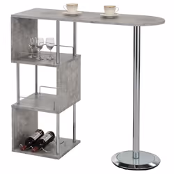 Table haute de bar VIGANDO mange-debout comptoir avec 3 étagères dont 1 porte-bouteilles en métal chromé et plateau MDF décor