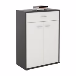 Buffet CALAIS commode meuble de rangement avec 1 tiroir et 2 portes en mélaminé gris mat et blanc mat