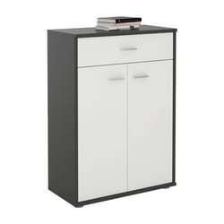 Buffet CALAIS commode meuble de rangement avec 1 tiroir et 2 portes en mélaminé gris mat et blanc mat