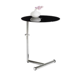 Table dappoint LEONIE bout de canapé rond table à café table basse hauteur réglable en métal chromé et verre trempé noir