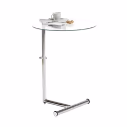 Table dappoint LEONIE bout de canapé rond table à café table basse hauteur réglable en métal chromé et verre trempé transpare ...