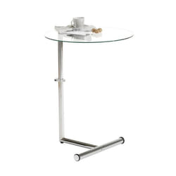 Table dappoint LEONIE bout de canapé rond table à café table basse hauteur réglable en métal chromé et verre trempé transparent