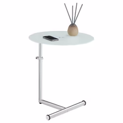 Table dappoint LEONIE bout de canapé rond table à café table basse hauteur réglable en métal chromé et verre trempé blanc
