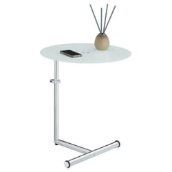Table dappoint LEONIE bout de canapé rond table à café table basse hauteur réglable en métal chromé et verre trempé blanc