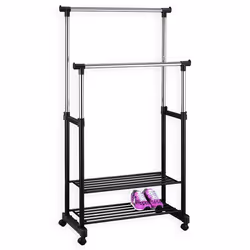 Portant à vêtements NELMA penderie double sur roulettes vestiaires mobile avec 2 barres réglables en hauteur et 2 étagères ch ...