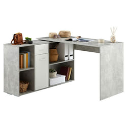 Bureau dangle CARMEN avec meuble de rangement intégré 4 étagères 1 porte et 1 tiroir décor béton et blanc mat