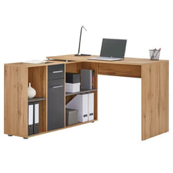 Bureau dangle CARMEN table meuble de rangement intégré 4 étagères 1 porte et 1 tiroir décor chêne sauvage/béton foncé