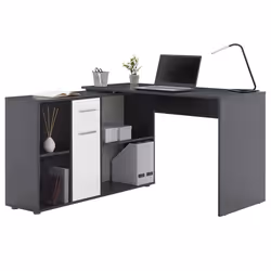 Bureau dangle CARMEN table avec meuble de rangement intégré 4 étagères 1 porte et 1 tiroir béton foncé/blanc