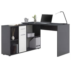 Bureau dangle CARMEN table avec meuble de rangement intégré 4 étagères 1 porte et 1 tiroir béton foncé/blanc