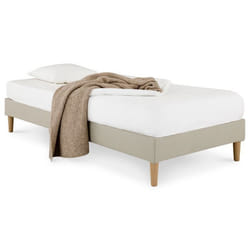 Sommier tapissier PAIMPOL 90 x 190 cm structure en bois et revêtement en tissu beige cadre de lit avec pieds