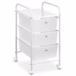 Caisson sur roulettes GINA chariot avec 3 tiroirs en plastique blanc transparent et 1 étagère rangement salle de bain métal b ...
