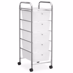 Caisson sur roulettes GINA chariot avec 5 tiroirs en plastique blanc transparent et 1 étagère rangement salle de bain