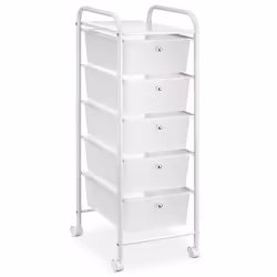 Caisson sur roulettes GINA chariot avec 5 tiroirs blanc transparent et 1 étagère rangement salle de bain métal blanc