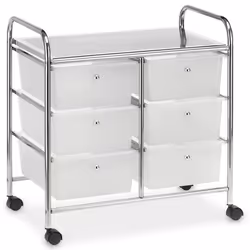 Caisson sur roulettes GINA chariot avec 6 tiroirs en plastique blanc transparent et 1 étagère rangement salle de bain