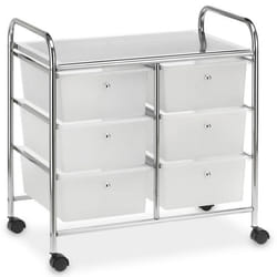 Caisson sur roulettes GINA chariot avec 6 tiroirs en plastique blanc transparent et 1 étagère rangement salle de bain