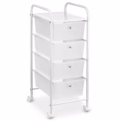 Caisson sur roulettes GINA chariot avec 4 tiroirs en plastique blanc transparent et 1 étagère rangement salle de bain métal b ...