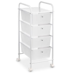 Caisson sur roulettes GINA chariot avec 4 tiroirs en plastique blanc transparent et 1 étagère rangement salle de bain métal blanc
