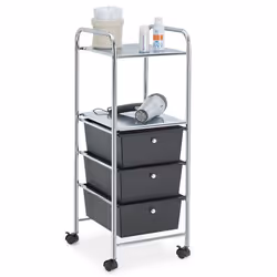 Caisson sur roulettes GINA chariot avec 3 tiroirs en plastique noir et 2 étagères meuble de rangement pour salle de bain en m ...