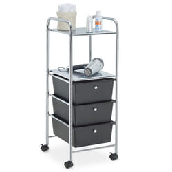 Caisson sur roulettes GINA chariot avec 3 tiroirs en plastique noir et 2 étagères meuble de rangement pour salle de bain en métal